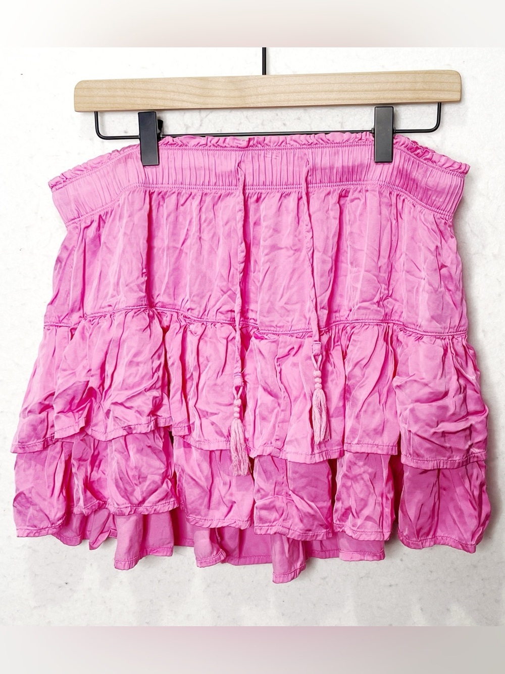 Aerie Pink Tiered Ruffle Mini Skirt Size Large Tassel Detail Boho Festival Cute